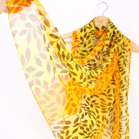 *Spring Yellow  & Orange Scarf with Leaves - Picture 1 of 2